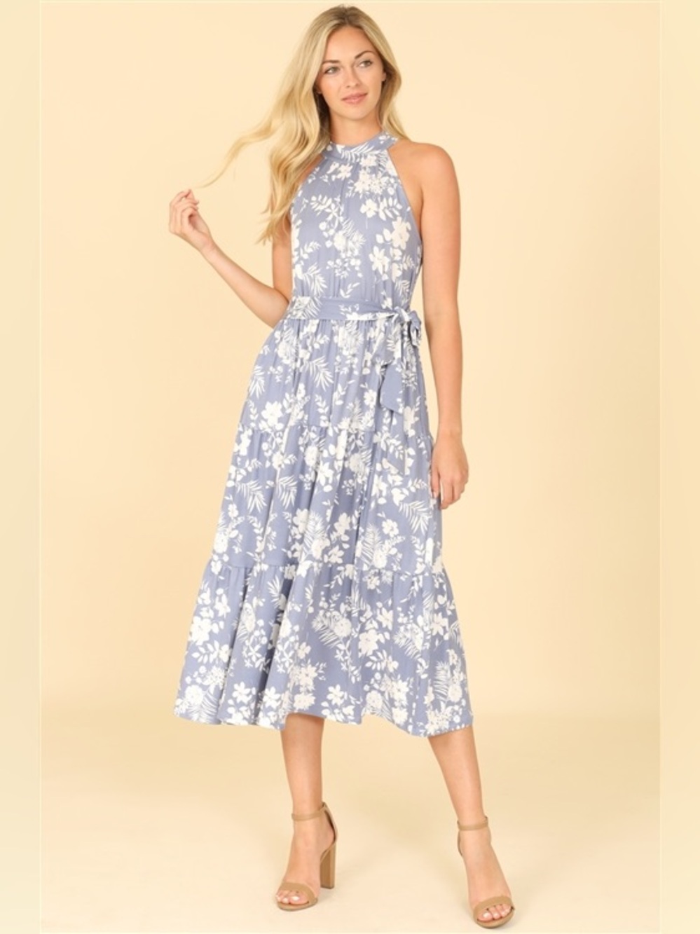Periwinkle Floral Halter Midi Dress Tiered Waist Tie Dress Feminine Flowy Dress